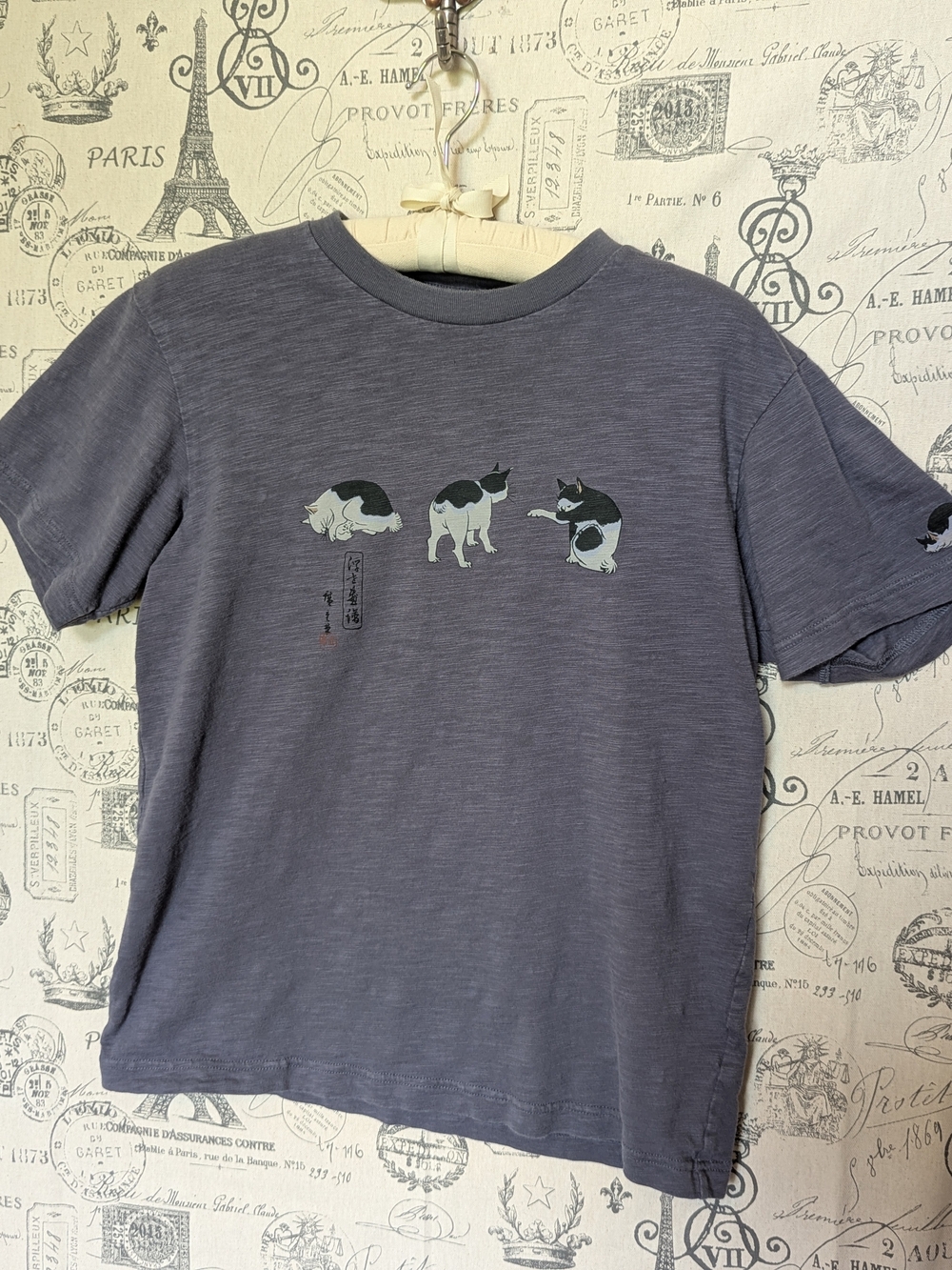 Uniqlo Short Sleeve Tee in Slate Gray with Cat Trio Motif Size XS (Runs Large)